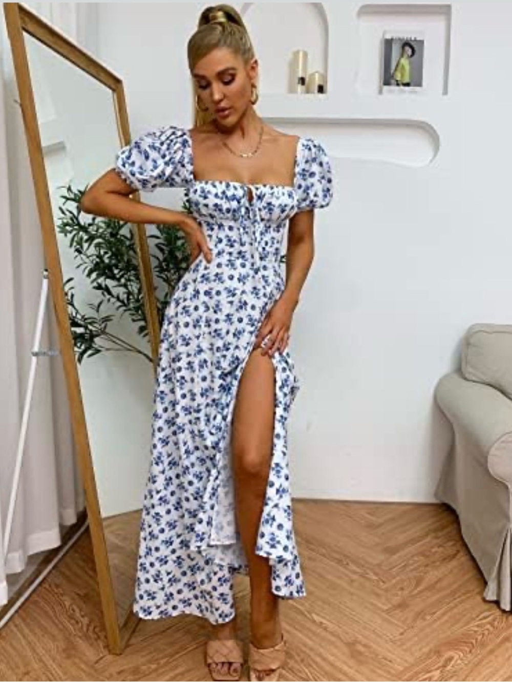 KUTAMI Women's Puff Sleeve Floral Print Split Maxi Dress.